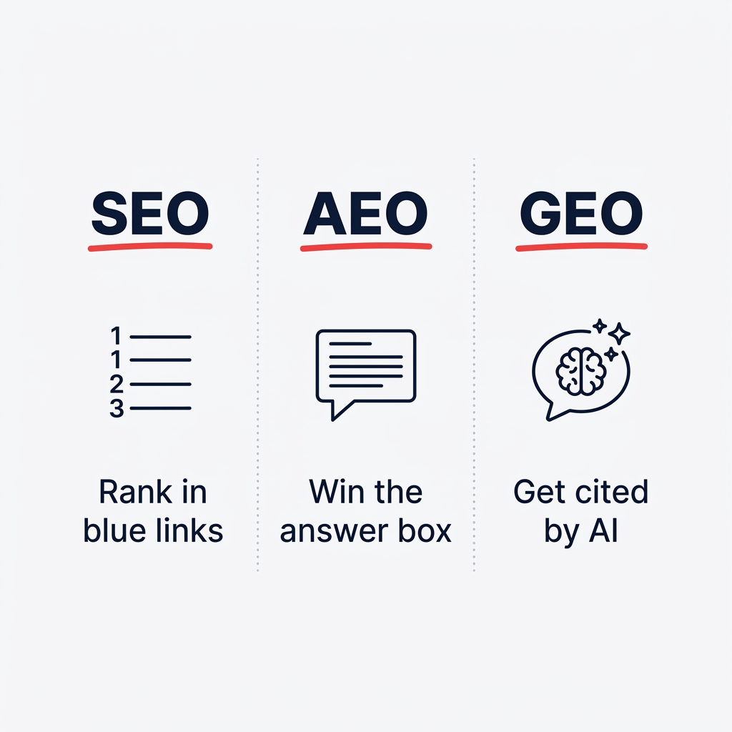 Side-by-side comparison of SEO, AEO, and GEO — what each targets and how they differ