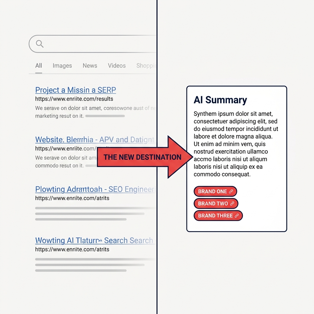 Split panel comparing a traditional SERP with blue links versus an AI answer card citing brand sources
