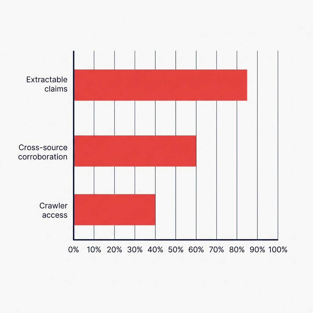Bar chart showing the three main drivers of AI citations: extractable claims, cross-source corroboration, and crawler access