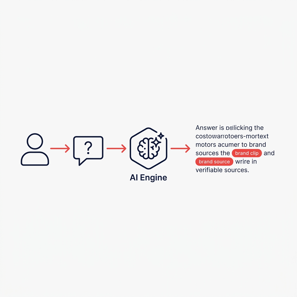 Flow diagram showing how a user query reaches an AI engine and produces an answer citing brand sources