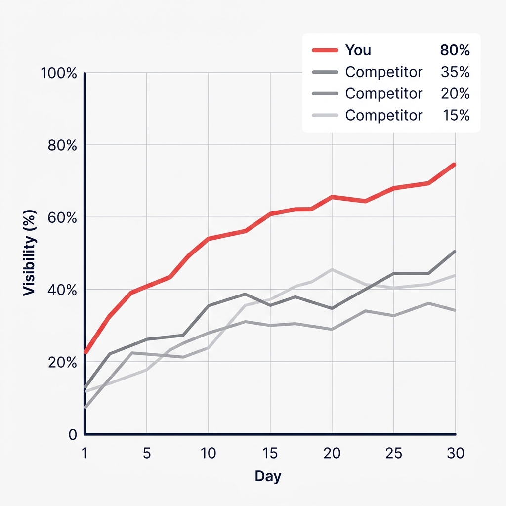 Multi-line trend chart showing your brand in red leading three grey competitor lines over 30 days