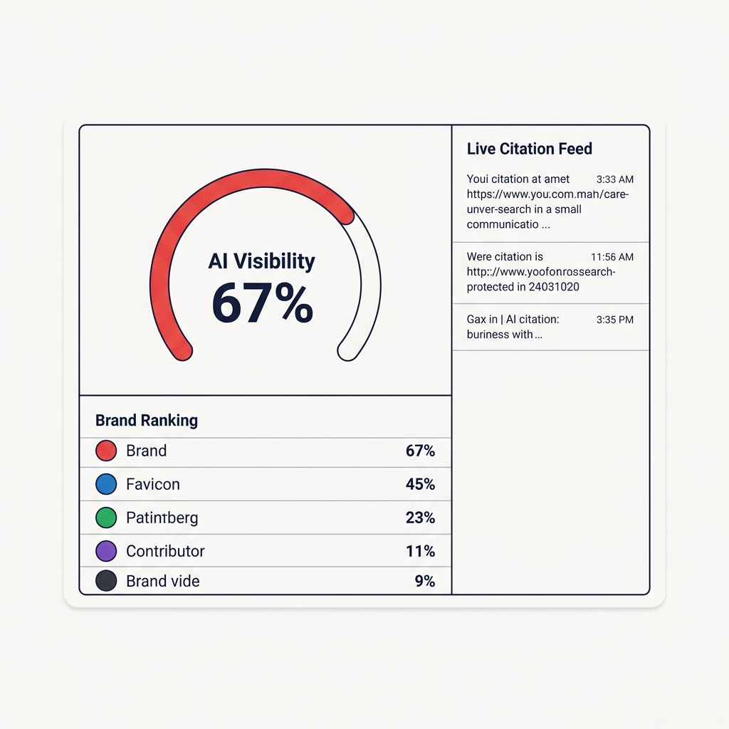 AI visibility dashboard showing a 67% visibility score, brand ranking list, and live citation feed