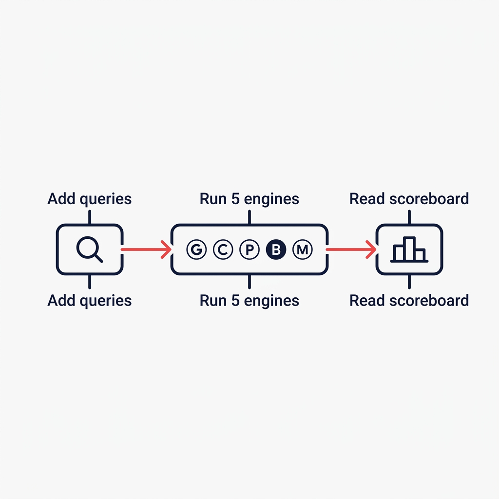 Three-step flow diagram: Add queries, Run 5 engines, Read scoreboard